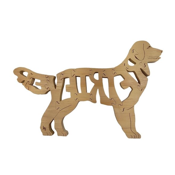 Retriever Dog Wooden Scroll Jigsaw Puzzle Figurine Art Wood USA Signed By Maker - Picture 3 of 5